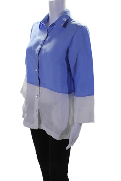 I Linen Womens Button Front Long Sleeve Collared Shirt Blue White Size Small