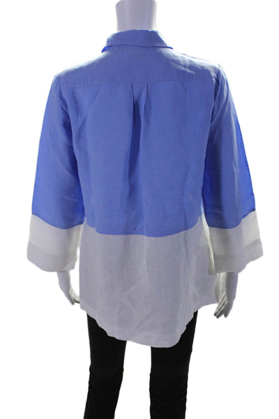 I Linen Womens Button Front Long Sleeve Collared Shirt Blue White Size Small