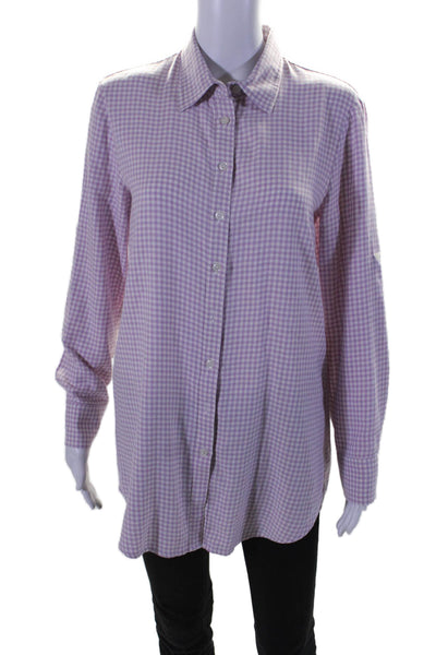 Poeta Womens Button Front Collared Gingham Shirt Purple White Size Medium