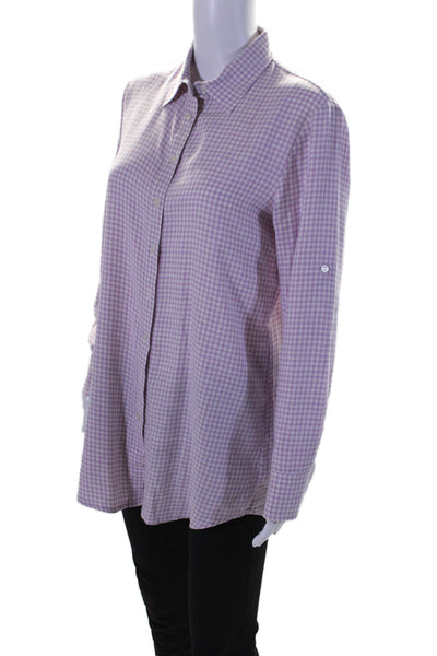 Poeta Womens Button Front Collared Gingham Shirt Purple White Size Medium