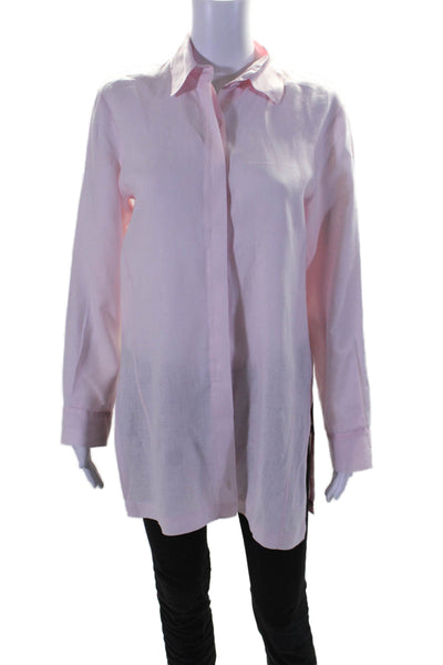 Charlotte Kellogg Palm Beach Womens Button Front Collared Shirt Pink Linen Small