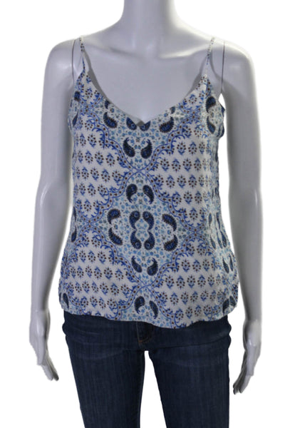 L'Agence Womens Silk Floral Print V Neck Tank Top White Blue Size Extra Small