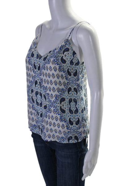 L'Agence Womens Silk Floral Print V Neck Tank Top White Blue Size Extra Small