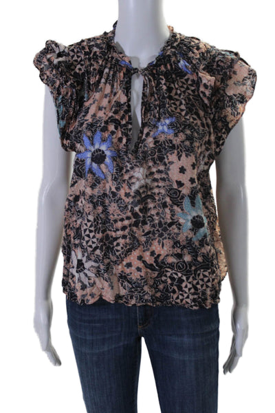 Ulla Johnson Womens Short Sleeve Keyhole Abstract Top Black Peach Cotton Size 8