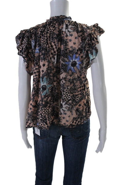 Ulla Johnson Womens Short Sleeve Keyhole Abstract Top Black Peach Cotton Size 8