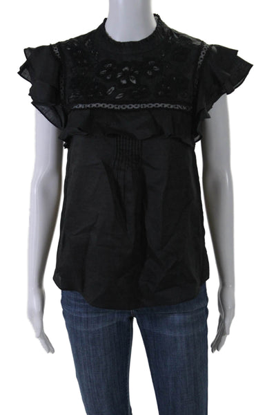 Veronica Beard Womens Short Sleeve Floral Embroidered Top Black Size 0