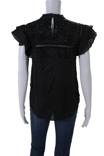 Veronica Beard Womens Short Sleeve Floral Embroidered Top Black Size 0