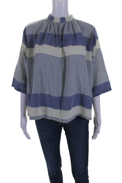 Apiece Apart Womens Cotton Long Sleeve Striped V Neck Blouse Blue Size 2