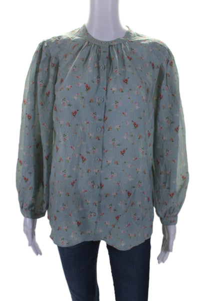 Rebecca Taylor Womens Silk Long Sleeve Floral Button Down Shirt Blue Size 4