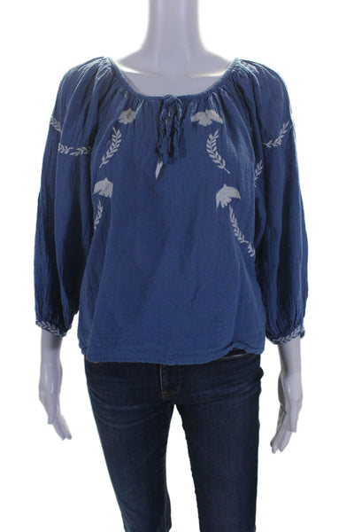 India Collection Womens Linen Embroidered Long Sleeve Blouse Blue Size XS