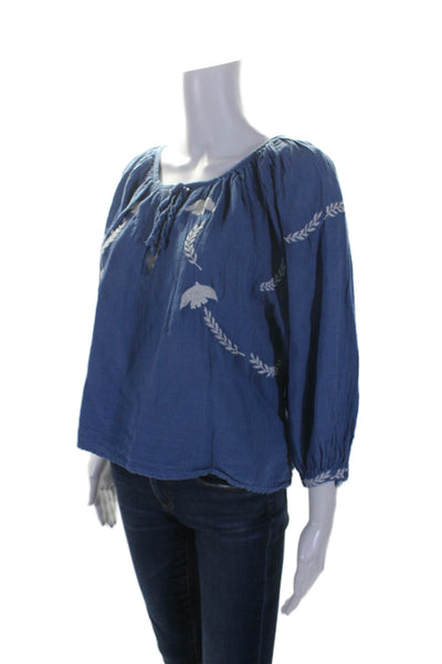 India Collection Womens Linen Embroidered Long Sleeve Blouse Blue Size XS