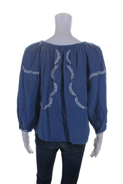 India Collection Womens Linen Embroidered Long Sleeve Blouse Blue Size XS