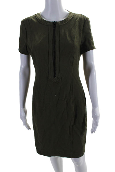 Toccin (NY) Women's Round Neck Short Half Zip Fitted Midi Dress Green Size 6