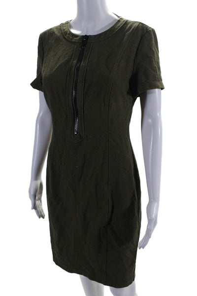 Toccin (NY) Women's Round Neck Short Half Zip Fitted Midi Dress Green Size 6