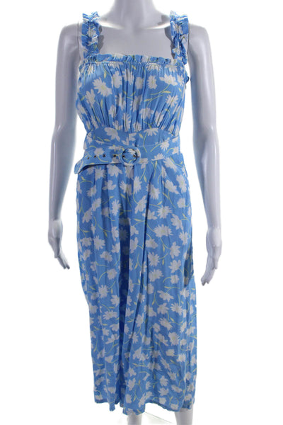 Faithfull The Brand Womens Floral Ruched Belted Sleeveless Jumpsuit Blue Size XS