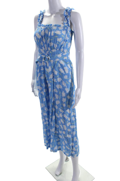 Faithfull The Brand Womens Floral Ruched Belted Sleeveless Jumpsuit Blue Size XS