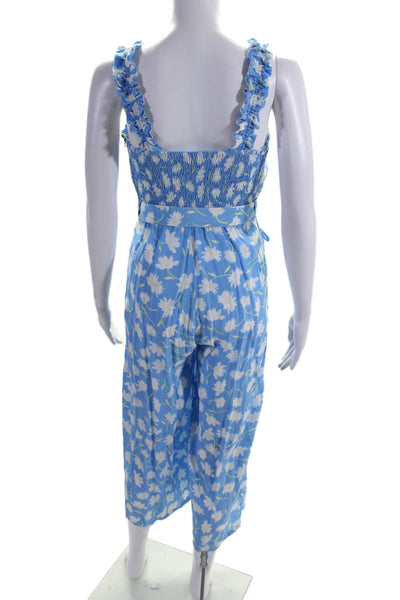 Faithfull The Brand Womens Floral Ruched Belted Sleeveless Jumpsuit Blue Size XS