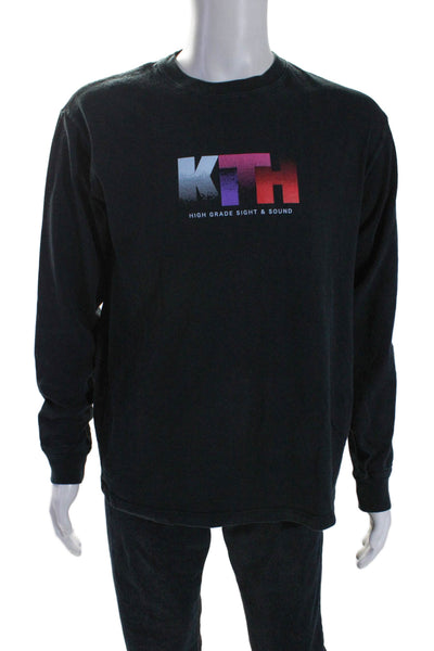 Kith Mens Graphic Long Sleeves Pullover Tee Shirt Black Cotton Size Small