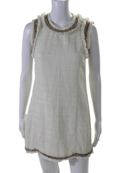 Rachel Zoe Womens Back Zip Sleeveless Fringe Chain Trim Tweed Dress White Size 2