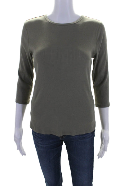 Elie Tahari Womens Ribbed Knit Long Sleeve Round Neck T shirt Green Size L