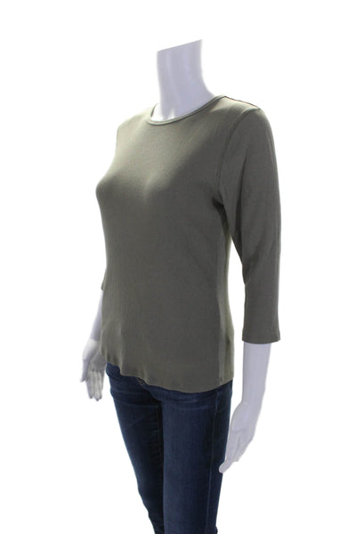 Elie Tahari Womens Ribbed Knit Long Sleeve Round Neck T shirt Green Size L