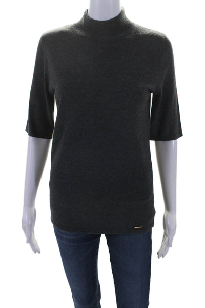 T Tahari Womens Short Sleeve Mock Neck Ribbed Knit Blouse Gray Size S