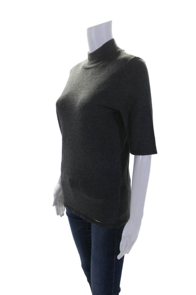 T Tahari Womens Short Sleeve Mock Neck Ribbed Knit Blouse Gray Size S