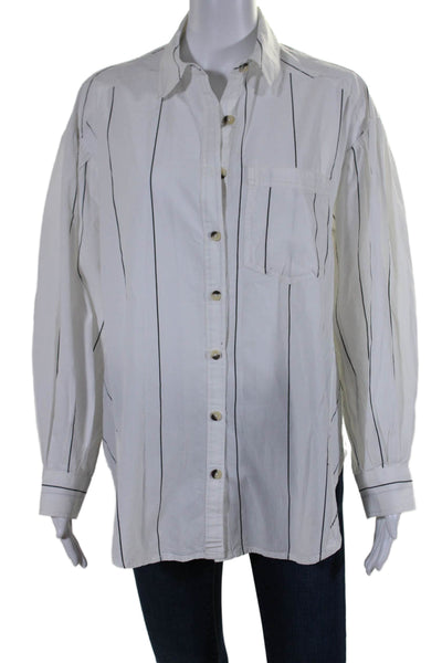 We The Free Womens Long Sleeve Striped Collared Button Down Shirt White XS