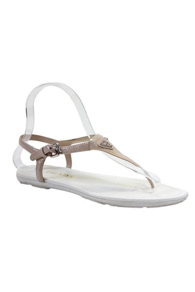 Prada Womens Ankle Strap Flat Flip Flops Patent Leather Beige Size 6.5