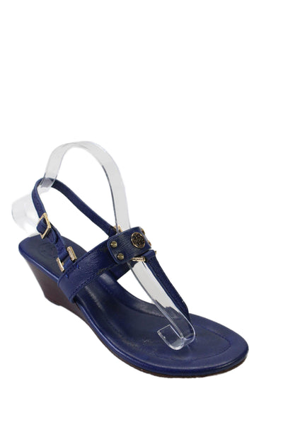 Tory Burch Womens Leather Gold Tone hardware T Strap Wedge Sandals Blue Size 7.5