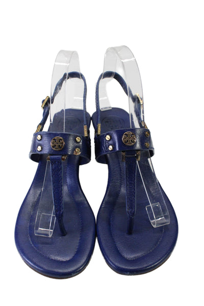 Tory Burch Womens Leather Gold Tone hardware T Strap Wedge Sandals Blue Size 7.5