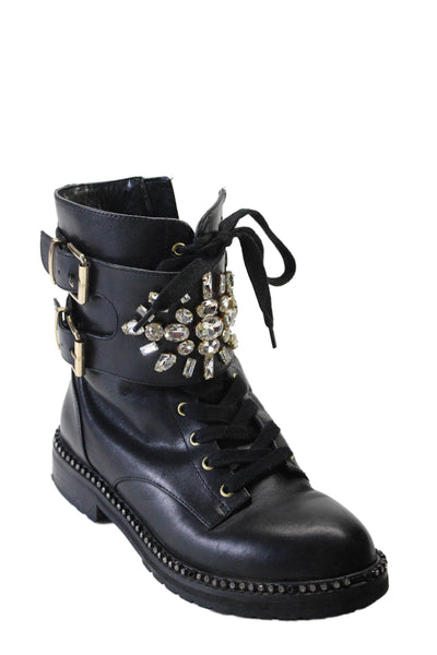 Kurt Geiger London Womens Black Crystal Embellished Combat Boots Shoes Size 6