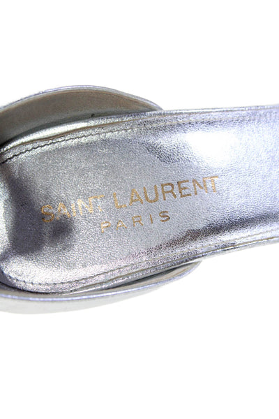 Saint Laurent Womens Silver Leather Ankle Strap High Heels Sandals Shoes Size9.5