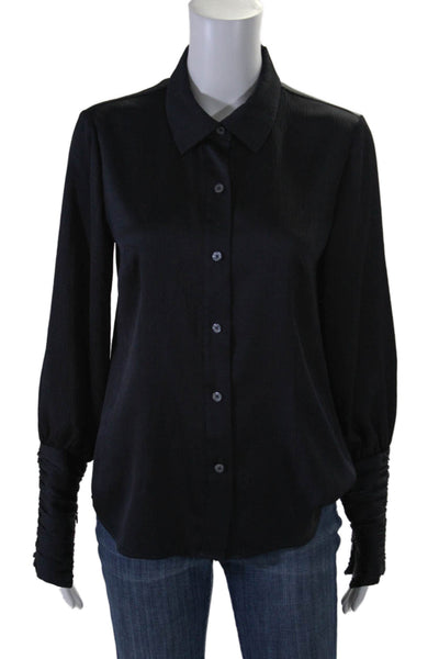 Toccin Womens Ruched Long Sleeves Button Down Blouse Shiny Black Size Small