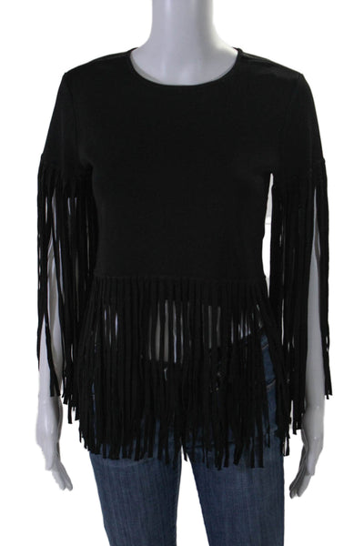 Toccin Womens Fringe Long Sleeves Crew Neck Sweater Black Size Extra Small