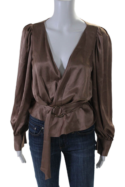 Toccin Womens Long Sleeves V Neck Ring Wrap Blouse Brown Size Extra Small