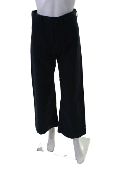 Emerson Thorpe Womens Cotton Button Up High Rise Wide Leg Trousers Navy Size 2