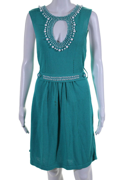 Nanette Lepore Womens Sleevleess Cut Out Beaded Knit Dress Teal Size Large