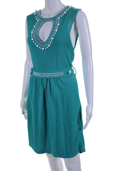 Nanette Lepore Womens Sleevleess Cut Out Beaded Knit Dress Teal Size Large