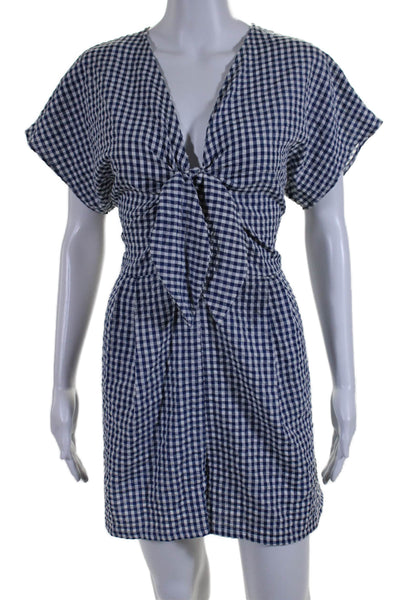 Hutch Womens Back Zip Tie Front V Neck Gingham Romper Blue White Size XL