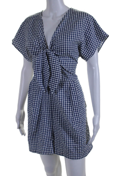 Hutch Womens Back Zip Tie Front V Neck Gingham Romper Blue White Size XL