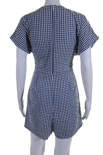 Hutch Womens Back Zip Tie Front V Neck Gingham Romper Blue White Size XL