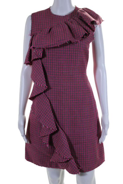 MSGM Womens Back Zip Crew Neck Houndstooth Ruffled Dress Pink Gray Wool IT 40