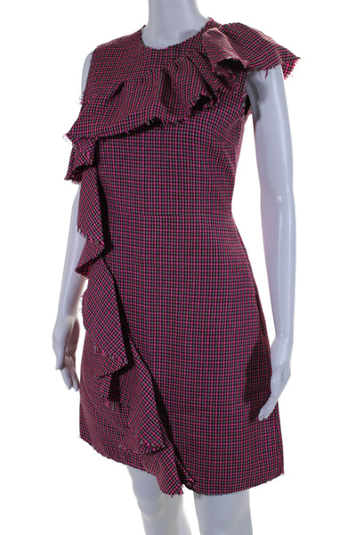 MSGM Womens Back Zip Crew Neck Houndstooth Ruffled Dress Pink Gray Wool IT 40