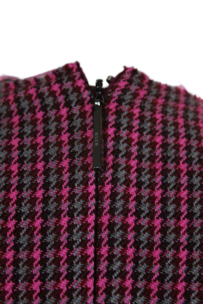 MSGM Womens Back Zip Crew Neck Houndstooth Ruffled Dress Pink Gray Wool IT 40