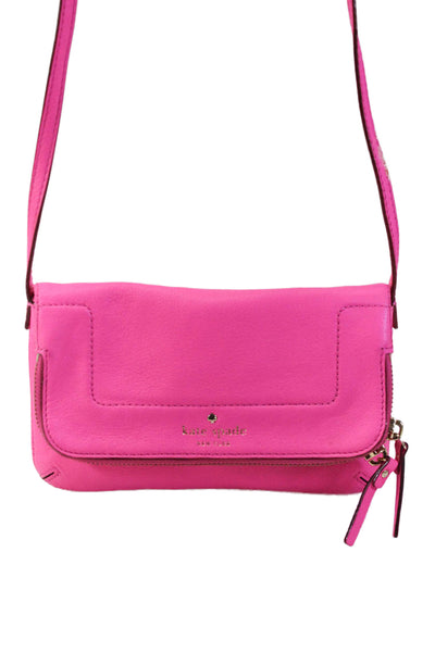 Kate Spade New York Womens Bright Pink Leather Flap Zip Shoulder Bag Handbag