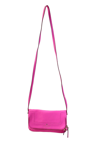 Kate Spade New York Womens Bright Pink Leather Flap Zip Shoulder Bag Handbag