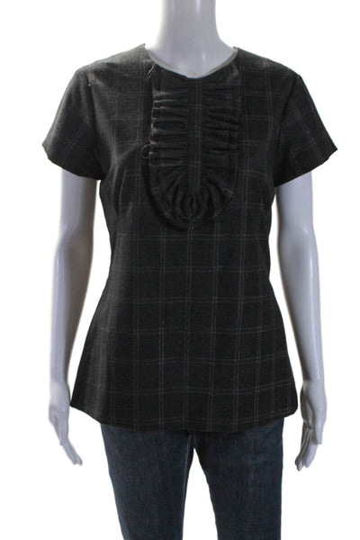 Charlotte Brody Womens Short Sleeve Plaid Ruffe Blouse Gray Size 8