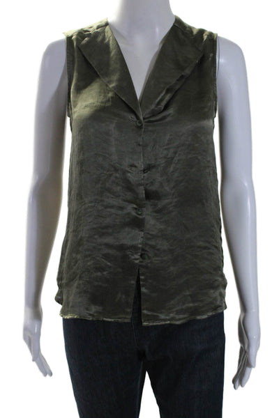 Theory Womens V-Neck Buttoned Sleeveless Round Hem Blouse Top Green Size P