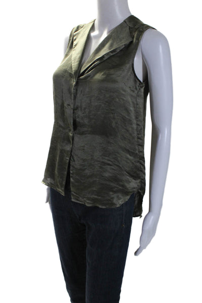 Theory Womens V-Neck Buttoned Sleeveless Round Hem Blouse Top Green Size P